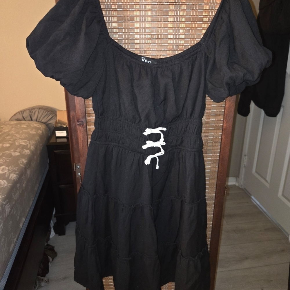 Trixxi Black Puff Sleeve Dress with White Bows